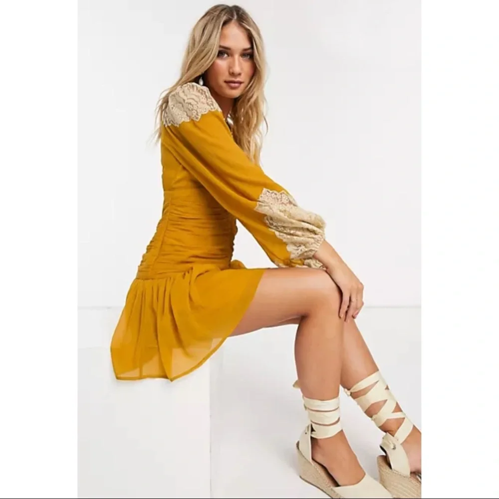 ASOS Mustard Yellow Saffron Chiffon Boho Lace Crochet Ruched Mini Dress - Picture 4 of 13